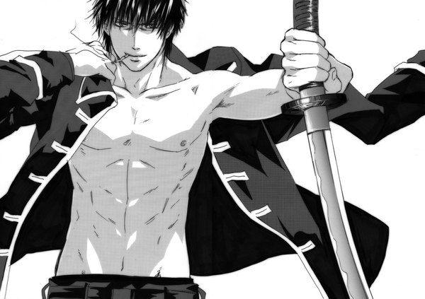 Anime picture 2116x1495 with gintama sunrise (studio) hijikata toshiro inaho93 single looking at viewer highres short hair simple background white background scan monochrome muscle smoking boy uniform weapon sword