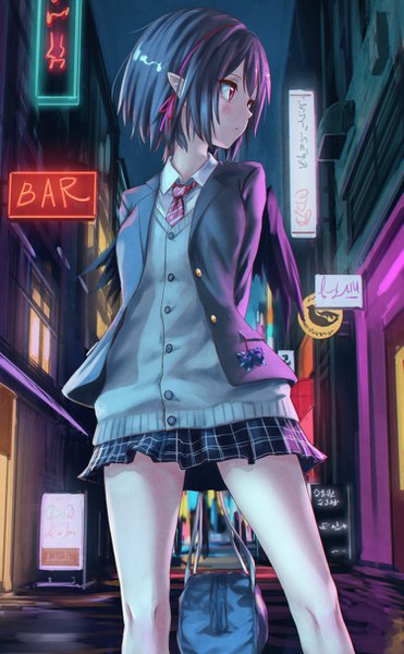 Anime picture 751x1214 with touhou shameimaru aya roke (taikodon) single tall image blush fringe short hair black hair red eyes standing holding looking away outdoors profile pointy ears night bare legs city plaid skirt