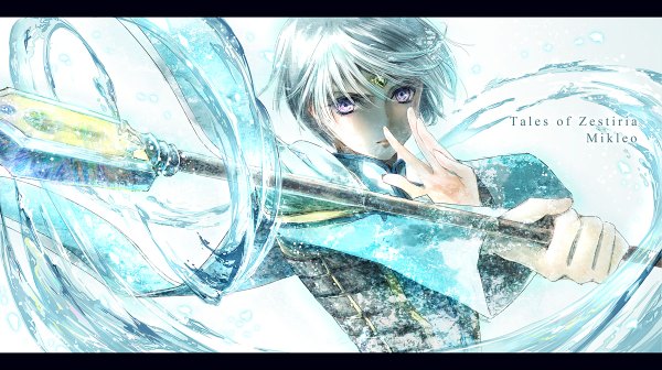 Anime picture 1200x672 with tales of (series) tales of zestiria mikleo (tales) shiitake (gensoudou) single looking at viewer short hair wide image purple eyes silver hair upper body copyright name character names magic letterboxed fighting stance boy weapon water spear