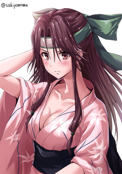 Anime picture 800x1131 with kantai collection jintsuu light cruiser sakiyamama single long hair tall image looking at viewer blush fringe breasts light erotic simple background hair between eyes brown hair standing white background brown eyes signed payot cleavage