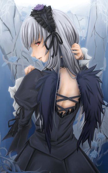 Anime-Bild 800x1280 mit rozen maiden suigintou chakabo (artist) single long hair tall image red eyes silver hair parted lips looking back from behind girl dress wings headdress
