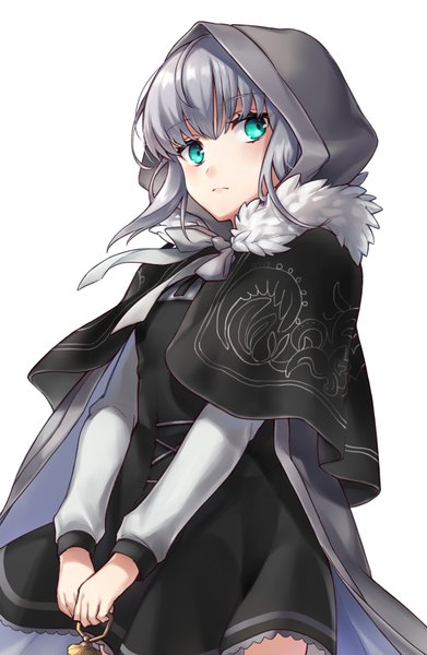 Anime picture 587x900 with fate (series) lord el-melloi ii case files gray (fate) shiao single tall image fringe short hair simple background white background looking away upper body aqua eyes grey hair fur trim girl fur hood mantle
