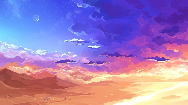 Anime picture 1600x900 with original jia (natsukijia) wide image sky cloud (clouds) evening sunset landscape moon