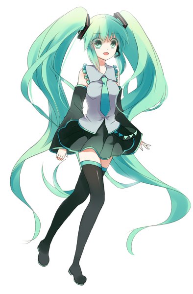 Anime picture 1000x1522 with vocaloid hatsune miku shinta hoshi-to single tall image looking at viewer open mouth white background twintails bare shoulders green eyes very long hair pleated skirt green hair girl thighhighs ribbon (ribbons) black thighhighs hair ribbon detached sleeves