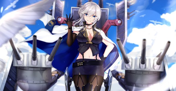 Anime picture 2352x1224 with azur lane washington (azur lane) eternity (shadeh) single long hair fringe highres breasts blue eyes light erotic smile hair between eyes wide image large breasts standing sky silver hair cloud (clouds) outdoors parted lips