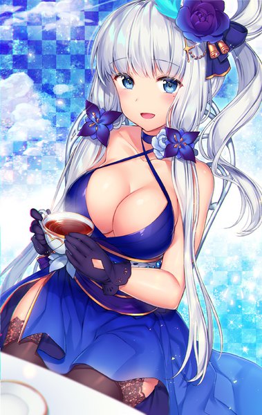 Anime picture 632x1000 with azur lane illustrious (azur lane) illustrious (never-ending tea party) (azur lane) maru (sw1tch) single long hair tall image looking at viewer blush breasts open mouth blue eyes light erotic large breasts sitting twintails holding cleavage silver hair hair flower