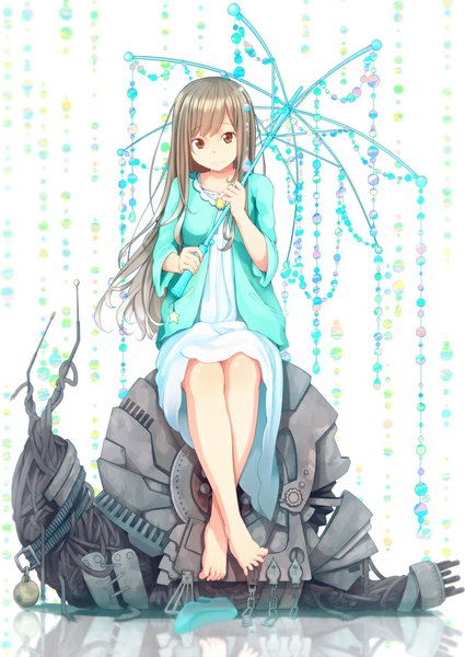 Anime picture 800x1129 with original dararito single long hair tall image looking at viewer brown hair white background sitting brown eyes barefoot girl dress umbrella