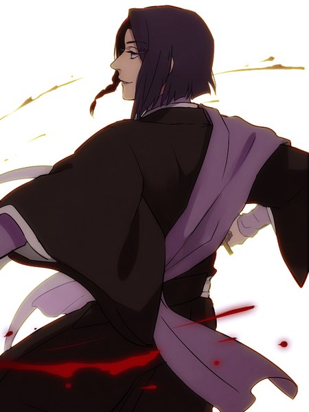 Anime picture 600x800 with bleach studio pierrot ayasegawa yumichika yukin (es) single tall image short hair black hair simple background white background looking away braid (braids) traditional clothes japanese clothes profile side braid fighting stance boy weapon sword