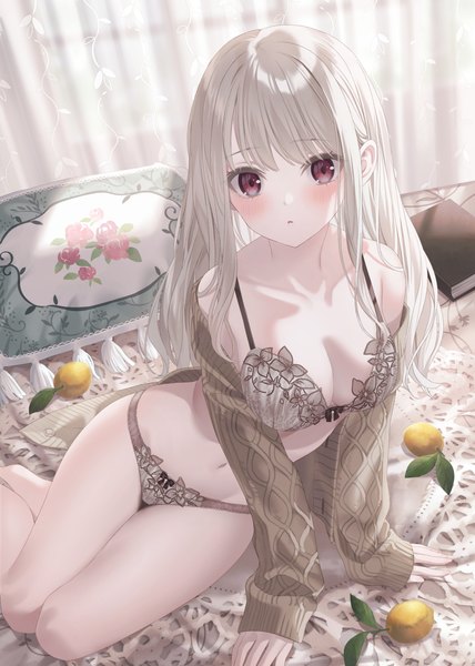Anime picture 1470x2061 with original jimmy madomagi single long hair tall image looking at viewer blush fringe breasts open mouth light erotic red eyes large breasts cleavage silver hair blunt bangs long sleeves from above off shoulder arm support