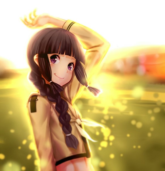 Anime picture 1047x1080 with kantai collection kitakami light cruiser yilan single long hair tall image looking at viewer blush fringe black hair purple eyes blunt bangs braid (braids) light smile single braid tress ribbon backlighting hime cut girl ribbon (ribbons)