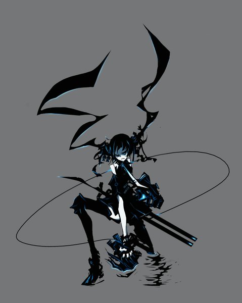 Anime picture 1596x2000 with original kiku (kicdoc) single tall image short hair black hair simple background grey background angry girl gloves weapon armor fingerless gloves gun thigh boots rope