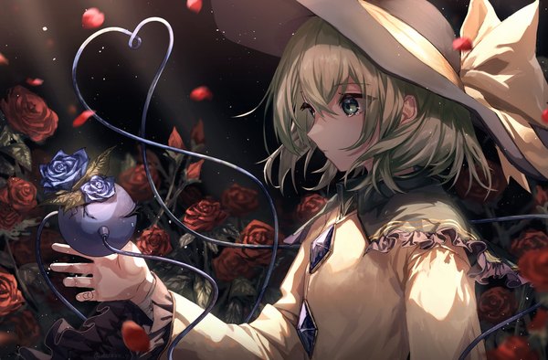 Anime picture 2096x1377 with touhou komeiji koishi mozuno (mozya 7) single fringe highres short hair hair between eyes green eyes looking away upper body profile green hair outstretched arm heart of string girl flower (flowers) hat petals heart