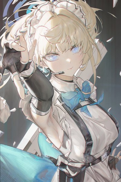 Anime picture 1500x2250 with blue archive toki (blue archive) homajor single tall image looking at viewer blush fringe short hair breasts blue eyes blonde hair blunt bangs braid (braids) arm up armpit (armpits) short sleeves maid victory outstretched hand