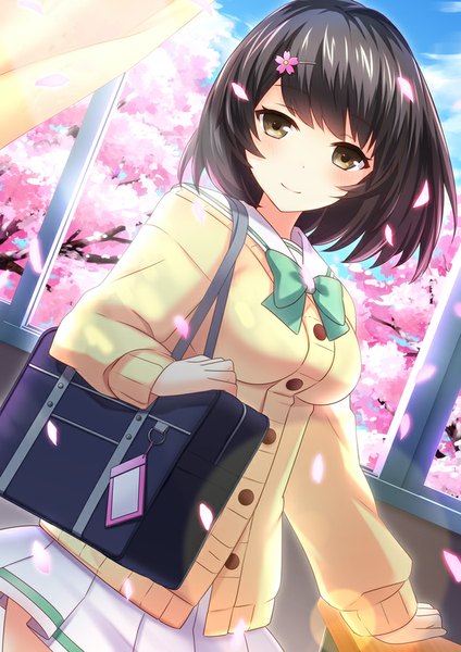 Anime picture 636x900 with original shiobana single tall image looking at viewer fringe short hair black hair smile brown eyes sky indoors pleated skirt wind cherry blossoms girl skirt uniform hair ornament bow