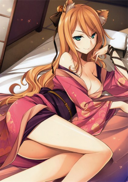 Anime picture 3900x5550 with original kikuchi seiji single long hair tall image looking at viewer highres breasts light erotic smile bare shoulders green eyes animal ears absurdres lying traditional clothes japanese clothes fingernails orange hair off shoulder