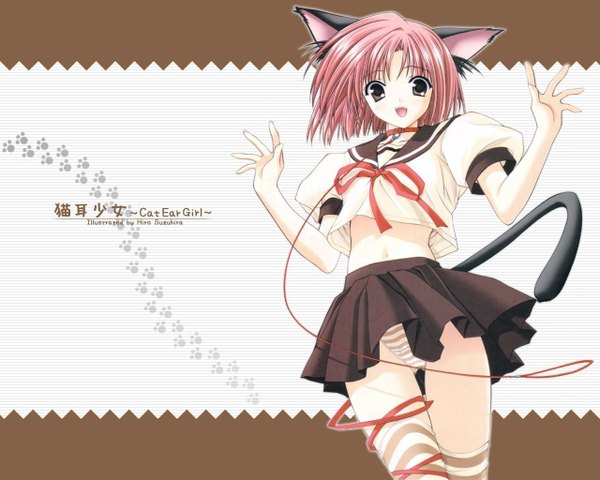 Anime picture 1280x1024 with suzuhira hiro light erotic animal ears cat girl pantyshot girl serafuku lead