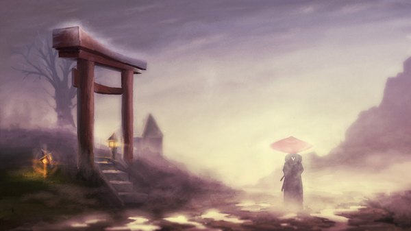 Anime picture 1920x1080 with samurai champloo jinnosuke highres wide image traditional clothes japanese clothes fog boy umbrella