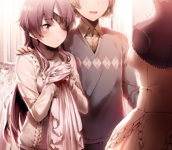 Anime picture 800x698 with mirai nikki uryuu minene nishijima masumi dsmile long hair blush fringe short hair open mouth smile hair between eyes brown hair standing purple eyes holding payot looking away purple hair indoors couple