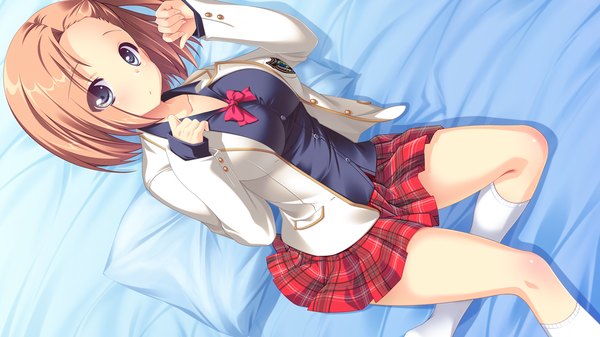 Anime picture 1280x720 with melty moment sakurai yua (melty moment) single looking at viewer short hair blue eyes brown hair wide image game cg lying girl skirt uniform school uniform socks white socks