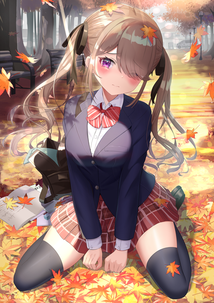 Anime picture 2894x4093 with original wander00317 (akihirotanisi) single long hair tall image looking at viewer blush fringe highres brown hair sitting purple eyes twintails full body outdoors head tilt hair over one eye wariza plaid skirt autumn