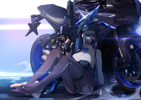 Anime picture 3508x2480 with blue archive saori (blue archive) ina (inadiary) single long hair fringe highres breasts blue eyes light erotic black hair large breasts sitting bare shoulders holding animal ears payot looking away absurdres full body