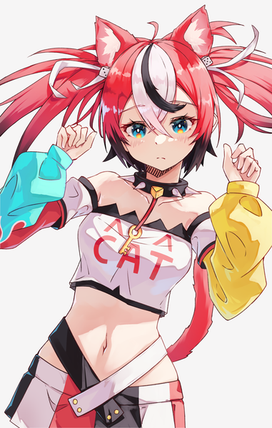 Anime picture 2127x3352 with virtual youtuber hololive hololive english hakos baelz shironekokfp single long hair tall image fringe highres blue eyes simple background hair between eyes twintails animal ears ahoge red hair tail animal tail multicolored hair