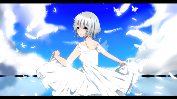 Anime picture 2240x1260 with original bloodcatblack (tsukiko) single highres short hair blue eyes wide image blue hair cloud (clouds) looking back girl feather (feathers) sundress