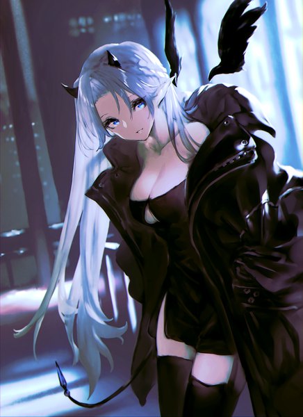 Anime picture 900x1239 with original garuku single long hair tall image looking at viewer fringe breasts blue eyes light erotic hair between eyes large breasts standing bare shoulders silver hair tail braid (braids) parted lips horn (horns) pointy ears