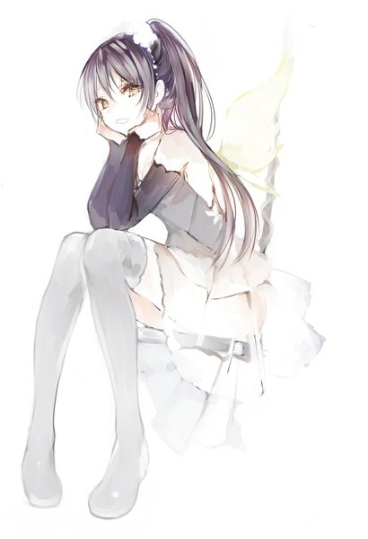 Anime picture 700x1022 with original lpip single long hair tall image looking at viewer fringe black hair simple background white background sitting bare shoulders yellow eyes full body arm support side ponytail girl detached sleeves wings boots
