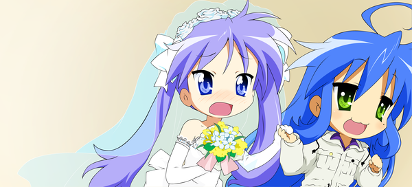Аниме картинка 4000x1819 с счастливая звезда kyoto animation изуми коната hiiragi kagami высокое разрешение широкое изображение свадьба девушка