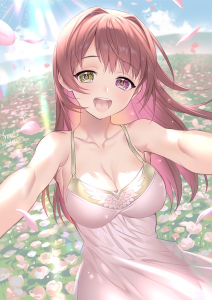 Anime picture 800x1131 with original midori foo single long hair tall image looking at viewer fringe breasts open mouth light erotic smile brown hair large breasts standing purple eyes bare shoulders green eyes signed payot sky