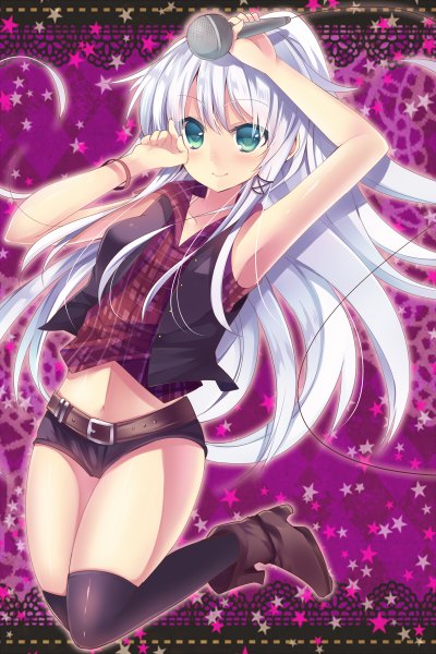 Anime picture 800x1200 with original anceril sacred mishima kurone single long hair tall image looking at viewer blush blue eyes smile white hair midriff girl thighhighs navel black thighhighs shoes shorts belt star (symbol)