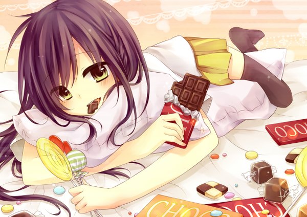 Anime picture 2480x1753 with amane kurumi blush highres black hair yellow eyes mouth hold girl thighhighs black thighhighs food sweets pillow candy lollipop chocolate
