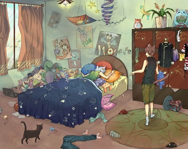 Anime-Bild 1024x809 mit original unodu animal ears animal tail cat ears cat tail sleeping detailed cat boy clothes on floor boy plant (plants) socks window pillow star (symbol) bed curtains pants cat