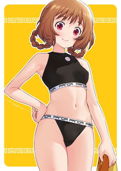 Anime picture 1060x1500 with precure delicious party precure toei animation hanamichi ran kazuma muramasa single tall image blush short hair light erotic simple background smile red eyes brown hair standing braid (braids) hand on hip underwear only border outside border