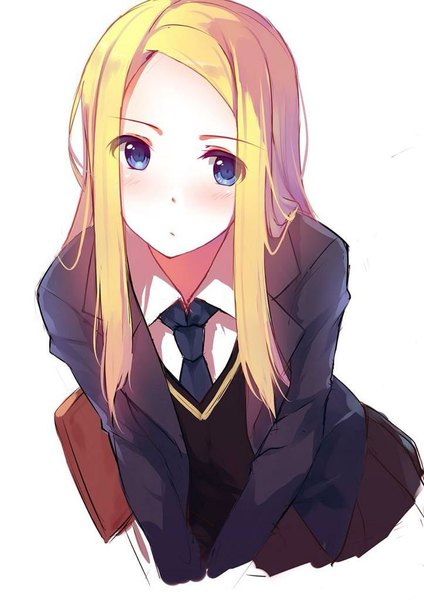 Anime picture 723x1024 with original emma (caidychen) caidychen single long hair tall image looking at viewer blush fringe blue eyes simple background blonde hair white background upper body pleated skirt girl skirt uniform school uniform necktie