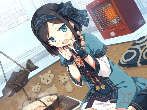 Anime picture 3174x2383 with ayakashi kyoushuutan paraporo cura single looking at viewer blush highres open mouth blue eyes black hair smile sitting absurdres traditional clothes :d ainu clothes girl hairband necklace pot