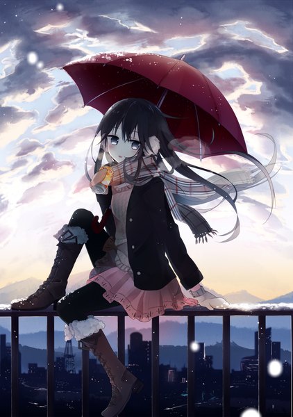 Anime picture 1000x1423 with original boyano single long hair tall image looking at viewer blush black hair sky cloud (clouds) grey eyes snowing winter snow girl skirt jacket boots scarf umbrella