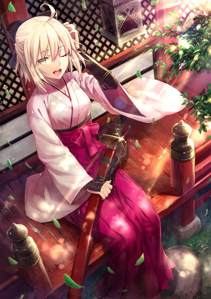 Anime picture 638x900 with fate (series) okita souji (fate) (all) okita souji (koha-ace) gabiran single tall image looking at viewer fringe short hair open mouth blonde hair hair between eyes sitting holding yellow eyes ahoge outdoors traditional clothes japanese clothes one eye closed