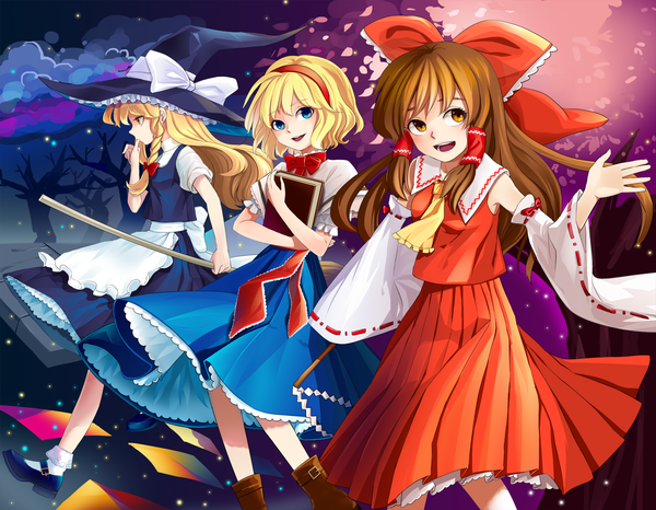 Anime picture 2000x1556 with touhou hakurei reimu kirisame marisa alice margatroid huacai long hair highres short hair open mouth blue eyes blonde hair brown hair multiple girls brown eyes traditional clothes profile cherry blossoms miko witch girl