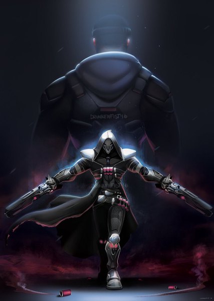 Anime picture 912x1280 with overwatch blizzard entertainment reaper (overwatch) drunkenfist tall image looking at viewer signed full body from behind dark background spread arms smoke walking multiple persona black skin boy weapon belt armor gun