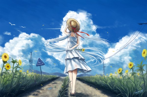 Anime picture 2477x1636 with original sombernight single long hair highres standing holding signed sky cloud (clouds) wind from behind aqua hair sleeveless dated girl dress flower (flowers) hat sundress