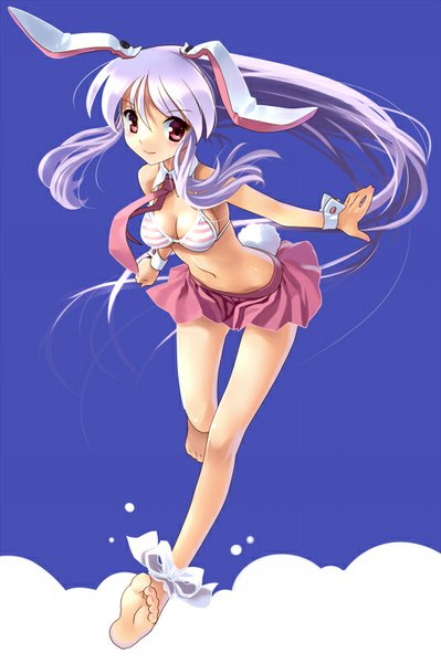 Anime picture 533x800 with touhou reisen udongein inaba katahira masashi single long hair tall image looking at viewer breasts light erotic red eyes animal ears sky purple hair tail animal tail barefoot bare belly bunny ears fake animal ears bunny tail