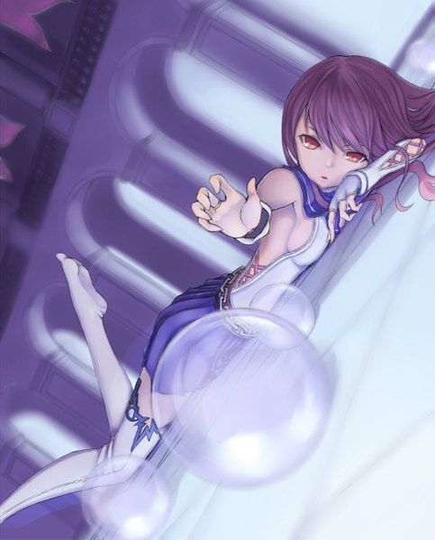 Anime picture 1200x1489 with original agenoumi platinumruin single long hair tall image fringe breasts purple hair lying orange eyes on stomach girl thighhighs white thighhighs window fingerless gloves chain bubble (bubbles) flag
