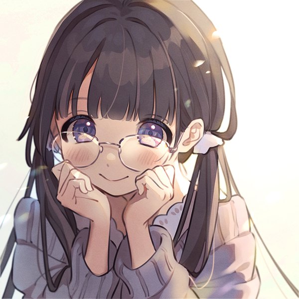 Anime picture 1250x1250 with original mameyanagi single long hair blush fringe black hair smile purple eyes twintails blunt bangs low twintails head rest girl glasses