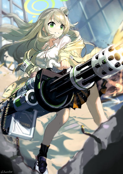 Anime picture 2894x4093 with blue archive nonomi (blue archive) chamu (chammkue) single long hair tall image highres blonde hair smile standing green eyes looking away hair bun (hair buns) girl weapon gun halo cardigan shell casing gatling gun