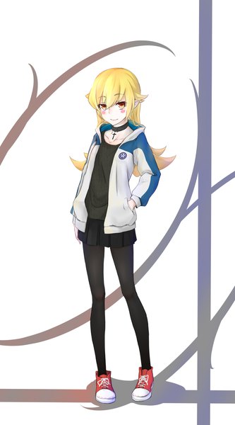 Anime picture 1771x3188 with bakemonogatari shaft (studio) monogatari (series) oshino shinobu incompetent observer single long hair tall image looking at viewer fringe highres simple background blonde hair smile hair between eyes standing yellow eyes full body pointy ears open clothes