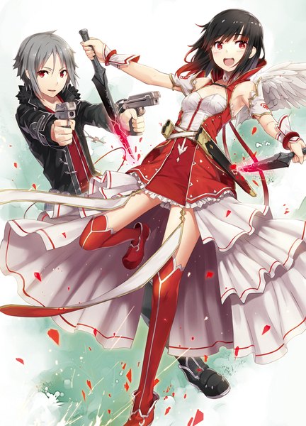 Anime picture 721x1000 with guns burst online gabiran long hair tall image looking at viewer blush fringe short hair open mouth simple background smile hair between eyes red eyes standing bare shoulders holding payot looking away ahoge bent knee (knees)