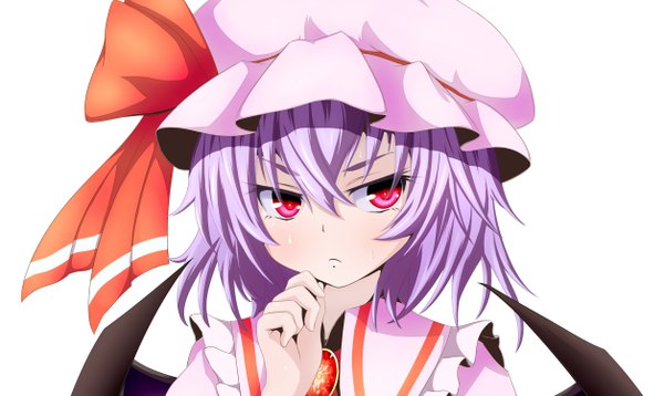 Anime picture 1255x750 with touhou remilia scarlet misumo single looking at viewer short hair simple background red eyes wide image white background purple hair girl dress wings bonnet