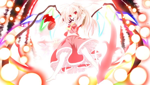 Anime picture 1280x728 with touhou flandre scarlet sukage single short hair open mouth blonde hair red eyes wide image ponytail barefoot side ponytail girl dress wings crystal